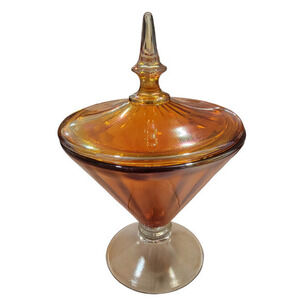 Lancaster‎ Art Deco Aztec Orange Iridescent Footed Covered Dish Carnival Glass